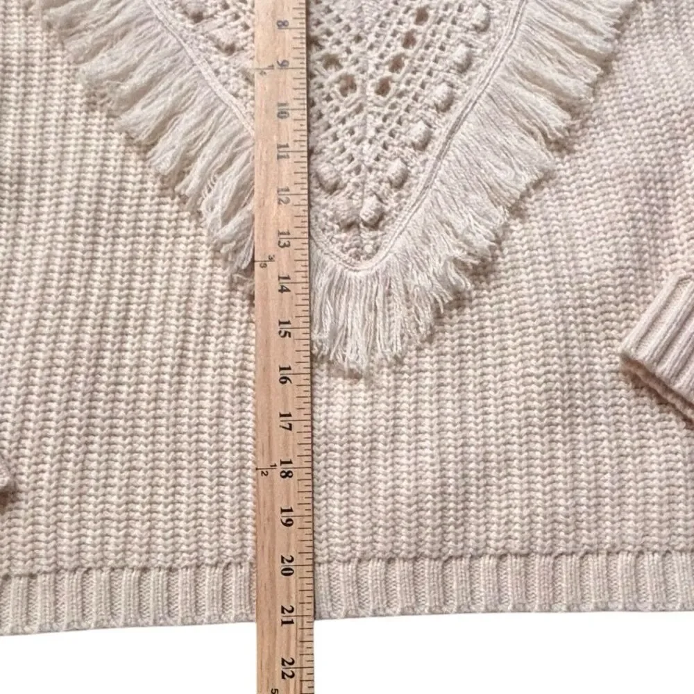 Boden Women's M Cream Wool Blend Chunky Knit Fringe Crochet Sweater NWT